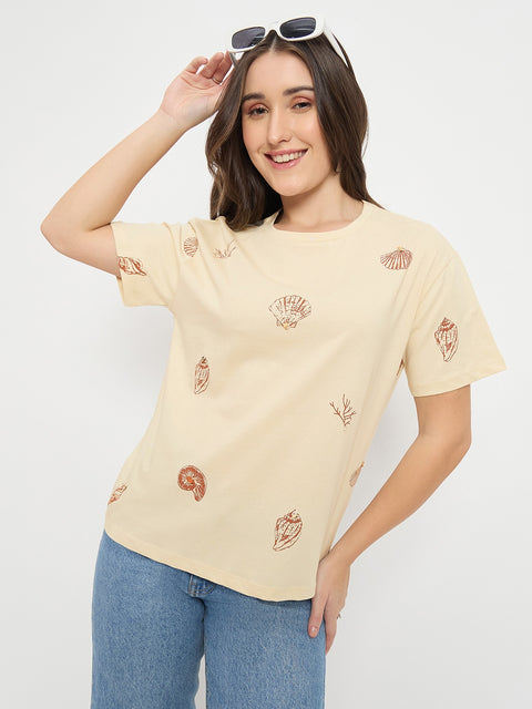 Madame Beige Printed Cotton Round Neck T-Shirt