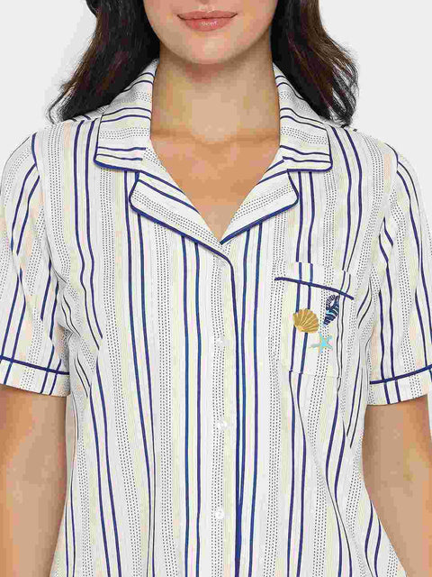 mSECRET Striped Top and Bottom Off-White Cotton Night Suit