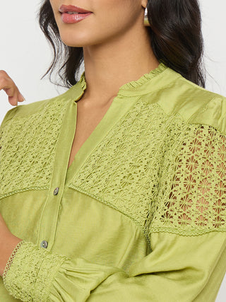 Madame Lace Detailed Pleated Front Green Top