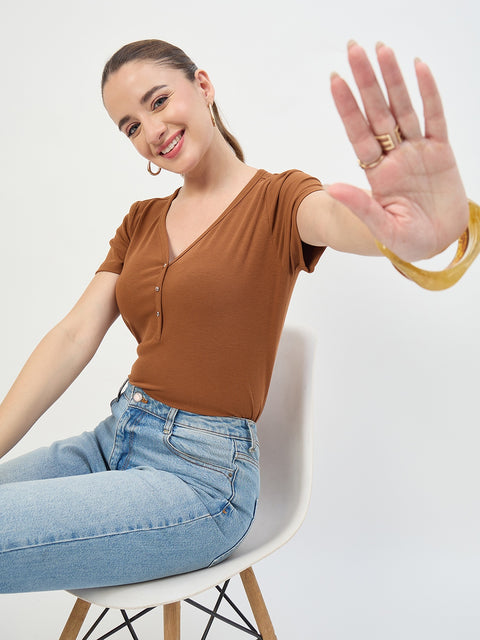 Madame Tan V-Neck T-Shirt with Button Placket