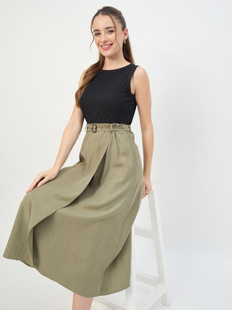 Madame Black Belted Viscose Blend A-Line Midi Dress