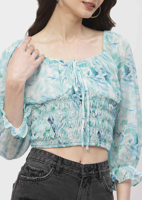 Madame Poet Sleeve Mint Blue Smocked Crop Top