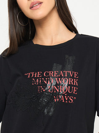 Madame Graphic Print Embellishment Black Cotton T-Shirt