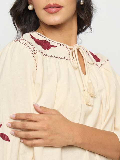 Madame Floral Embroidered Tie Neck Beige Top