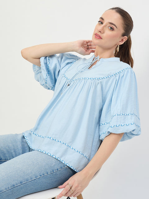 Madame Blue Aura Rayon Ruffle Top with Embroidery Trim