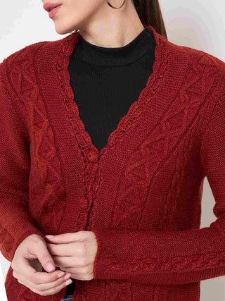 Madame Rust Red Cable Knit Acrylic Cardigan