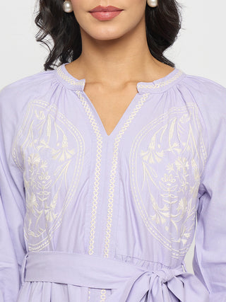 Madame Embroidered Belted A Line Midi Mauve Dress