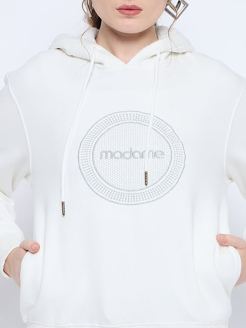 Madame Graphic Print Loose Fit White Hooded Sweatshirt