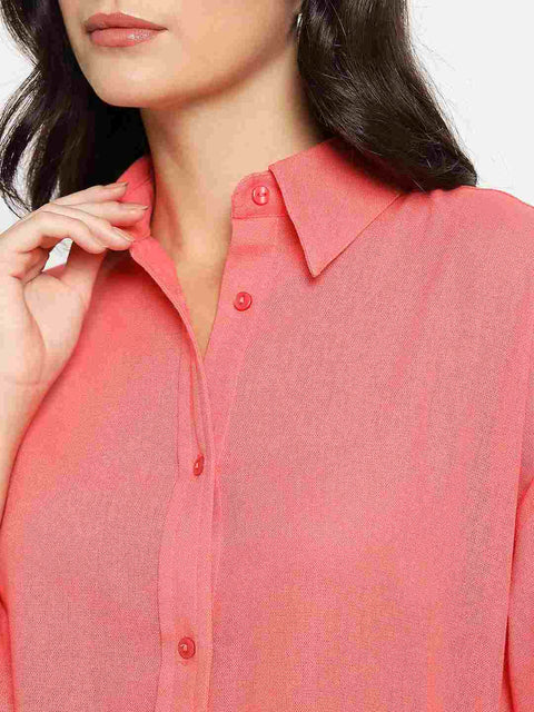 Madame Linen Blend Solid Light Coral Shirt