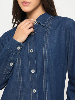 Madame Pintuck Detailed Mid Blue Denim Shirt