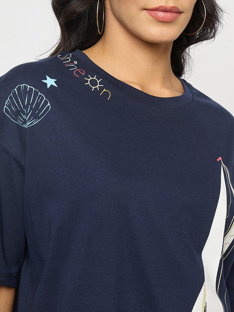 Madame Abstract Print Navy Blue Cotton T-shirt