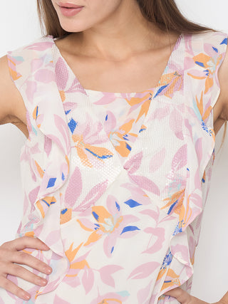 Madame Floral Print Ruffle Detail Off White Midi Dress