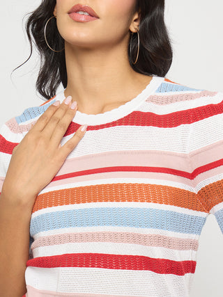Madame Striped Multi-Color Open Stitch Knitted Top