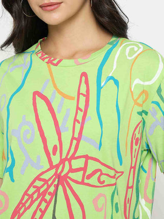 Madame All Over Print Half Sleeve Parrot Green Cotton T-shirt