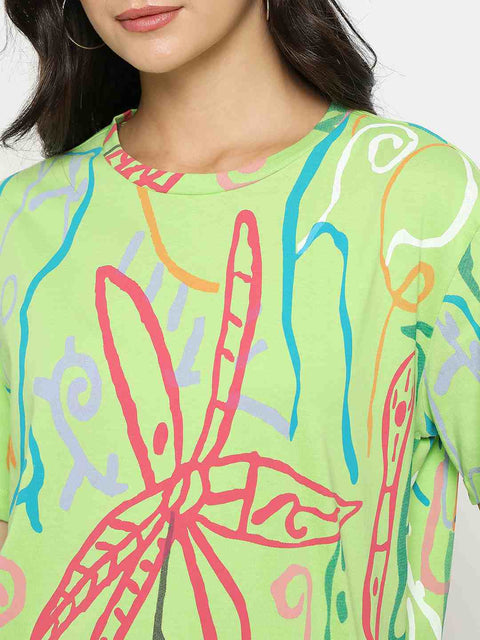 Madame All Over Print Half Sleeve Parrot Green Cotton T-shirt