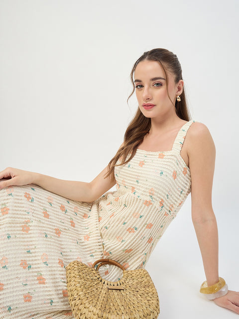 Madame Beige Printed Sleeveless Midi Dress