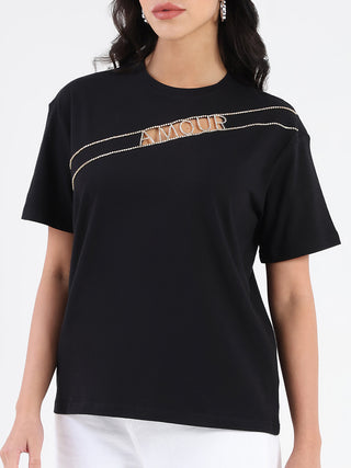 Madame Embellished Cutwork Detail Black Cotton T-shirt