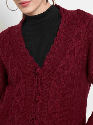 Madame Maroon Cable Knit Acrylic Cardigan