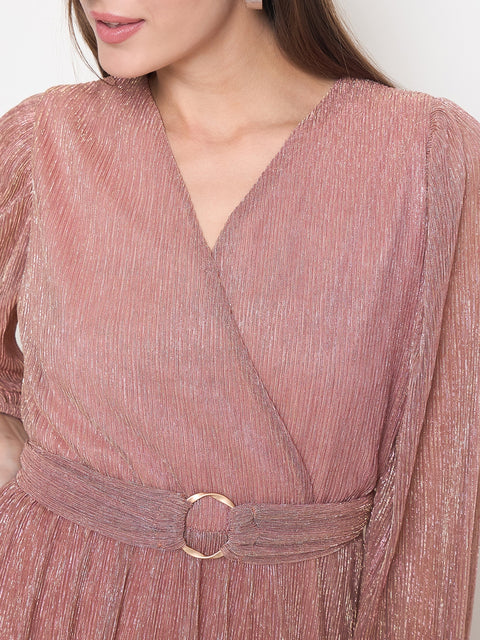 Madame Pliss Self Design Belted Rose Gold Flared Maxi Dress