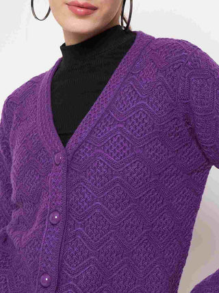 Madame Cable Knit Glossy Buttoned Purple Acrylic Cardigan