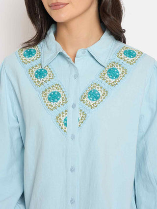 Madame Patchwork Detailed Shirt and Bottoms Blue Co-ord Set