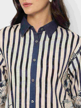 Madame Floral Print Top and Bottoms Striped Navy Blue Co-ord Set