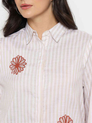 Madame Floral Embroidery Beige Striped Shirt