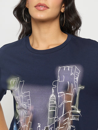 Madame Graphic Print Navy Blue Cotton T-shirt