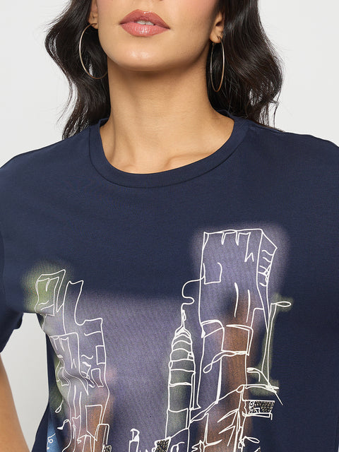 Madame Graphic Print Navy Blue Cotton T-shirt