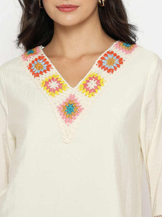 Madame Embroidered Neckline Rayon Blend Beige Top