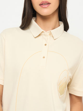 Madame Botanical Print Beige Cotton Blend Polo T-shirt