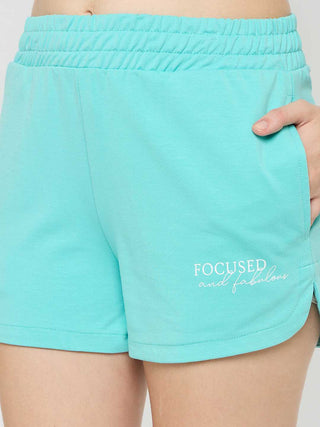 mSECRET Typography Adorned Turquoise Blue Cotton Blend Shorts