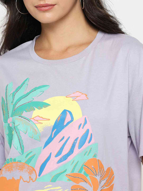 Madame Cotton Tropical Print Mauve T-shirt