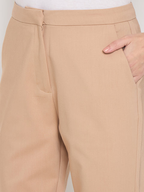 Madame Alex Waist Belt Detail Solid Beige Trousers