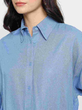 Madame Linen Blend Solid Cobalt Blue Shirt