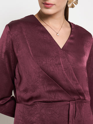 Madame Solid Maroon Overlap Asymmetrical Ruched Sleeve Satin Top