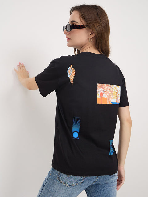 Madame Black Printed Cotton Round Neck T-Shirt