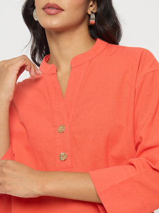 Madame Button Detail Solid Coral Cotton Top