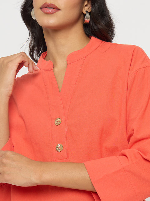 Madame Button Detail Solid Coral Cotton Top