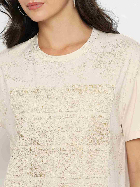 Madame Dori Embroidery Cotton Blend Beige T-shirt