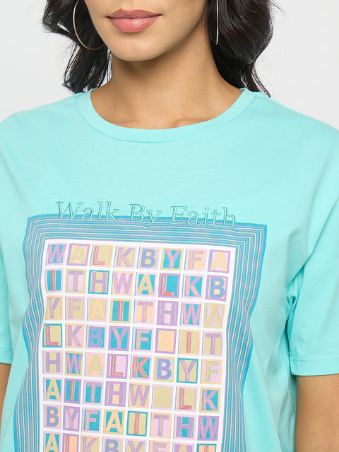 Madame Embroidered Graphic Print Cotton Aqua Blue T-Shirt