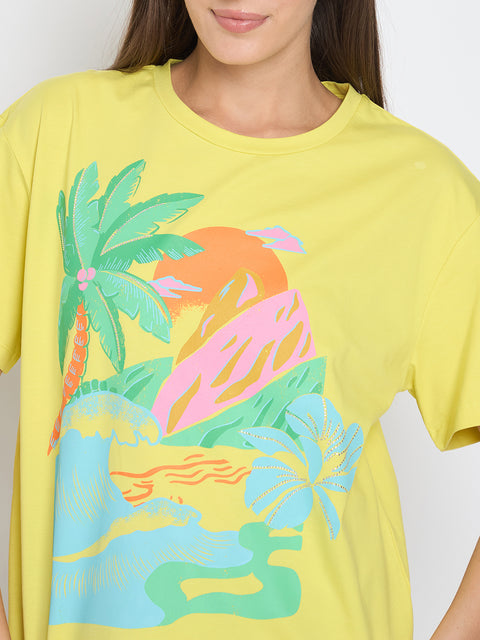 Madame Swarovski Detail Graphic Print Lemon Yellow Sinker T-shirt