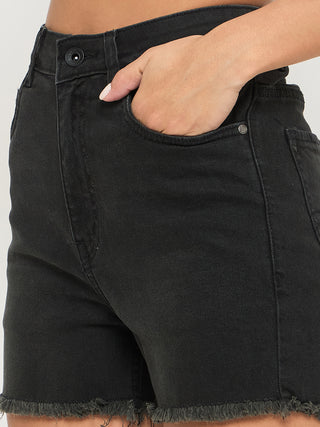 Madame Frayed Hem Charcoal Black Cotton Blend Denim Shorts