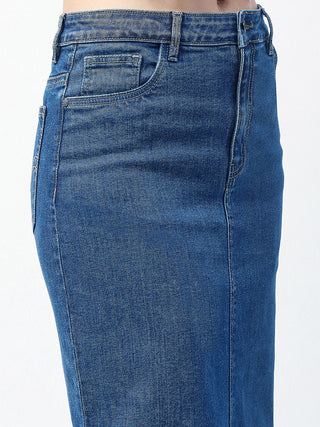 Madame Solid Mid Blue Cotton Blend Maxi Denim Skirt