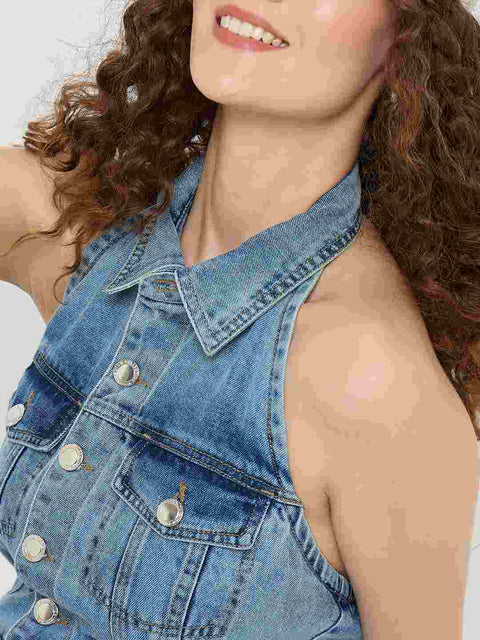 Madame Halter Neck Bodycon Cotton Denim Dress