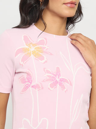 Madame Floral Print Sequin Detailed Pink T-Shirt