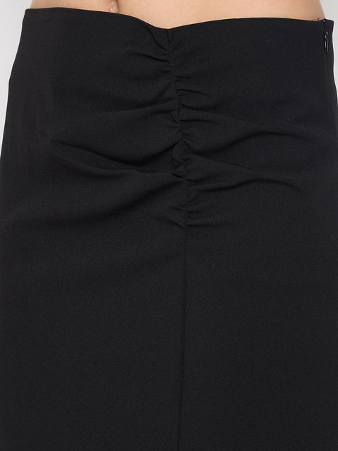 Madame Ruched Solid Black Pencil Skirt