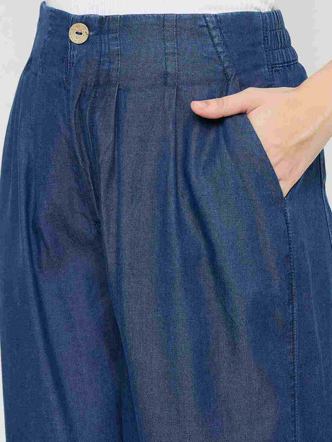 Madame Pintuck Detailed Cotton Blend Mid Blue Wide Leg Jeans