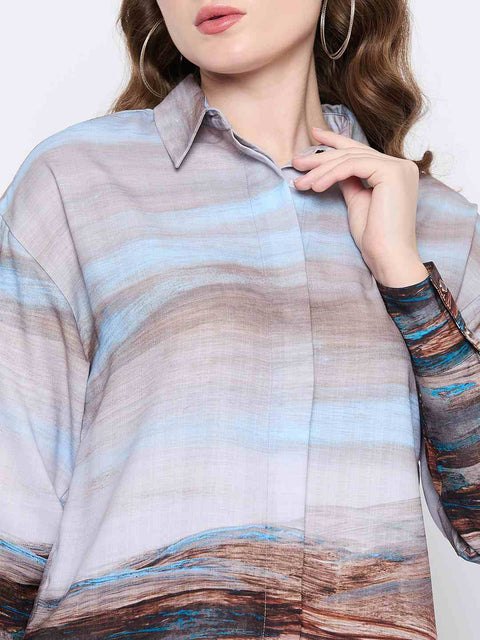 Madame Abstract Print Button Down Sky Blue Shirt Collar Shirt