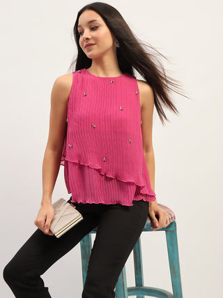 Madame Double Hem Embellished Pink Top